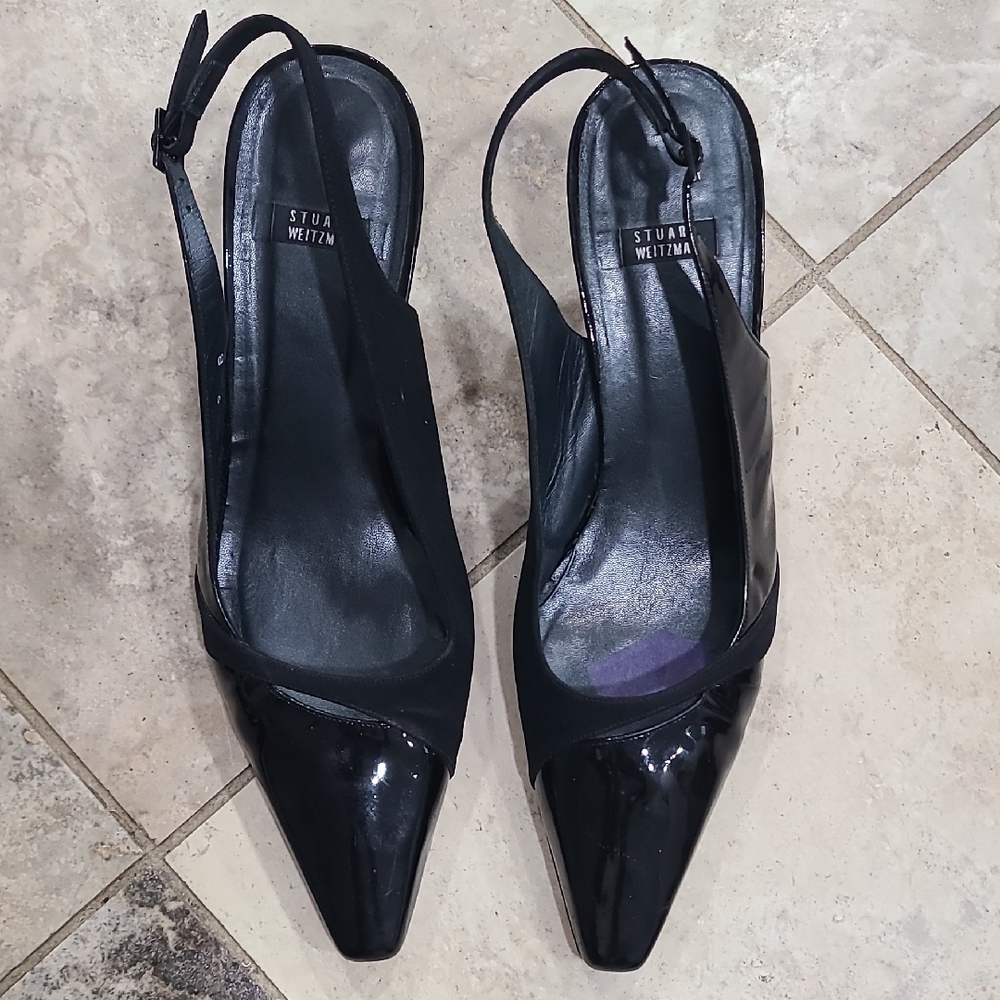 Stuart Weitzman Black Patent Pointed Toe Slingback Heels